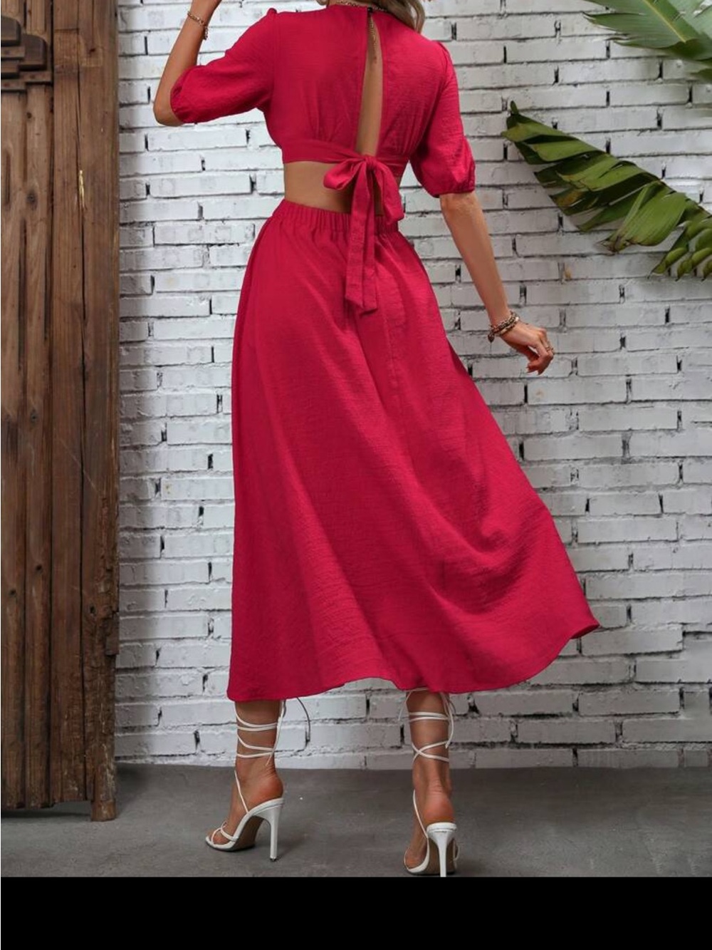 SHEIN Red Cut-Out Midi Dress with Puff Sleeves – Size Medium - Picture 2 of 5